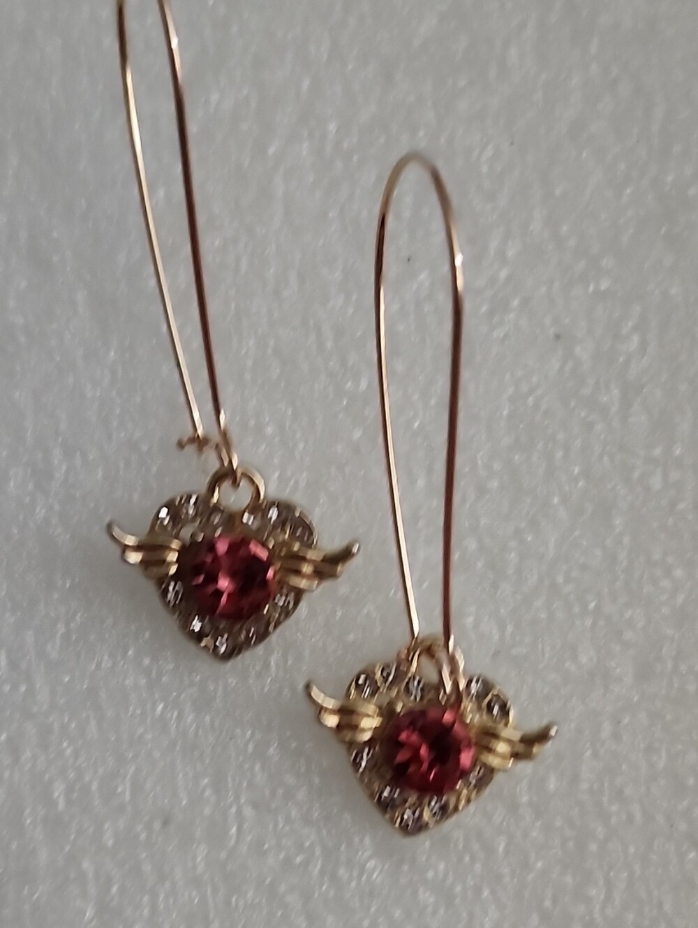 Hand Crafted Gold-Tone Heart Wing Earrings with Pink Crystal